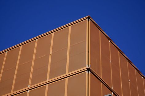Arrow Metal’s powdercoated perforated metal panels, shown in a copper colour, offer increased durability and long-lasting vibrancy.
