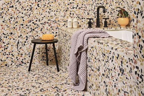 The timeless and versatile nature of Venice terrazzo suits a range of interior styles – with tiles and slabs simply cut, mitred, laminated and installed using standard fabrication techniques.