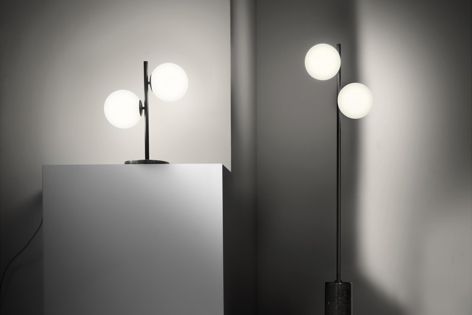 The Balla lamp stands are finished in black terrazzo and anthracite.