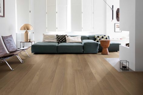 Quick-Step’s Palazzo timber, pictured in ‘Fossil oak matt,’ features water-repellent technology that ensures long-lasting beauty and performance.