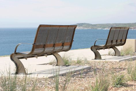 Town & Park offers a variety of outdoor furniture. The Griffith red metal chair (top) makes a bold statement, while the stainless steel La Perouse chairs (bottom) are ideal for taking in a view.