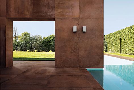 Blaze porcelain tiles by Atlas Concorde, pictured above in the Corten finish, are defined by the beauty of oxidized metal.