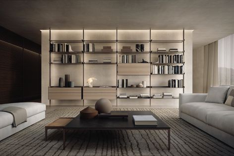 The Zenit modular open shelving system by Rimadesio can be mounted on ceilings, walls and corners.
