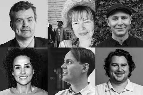 Portraits of the jury for the inaugural ArchitectureAU Award for Social Impact. Clockwise from top left: Ben Gauntlett, Esther Charlesworth, Jeremy McLeod, Troy Casey, Rory Hyde (jury convenor) and Katelin Butler.